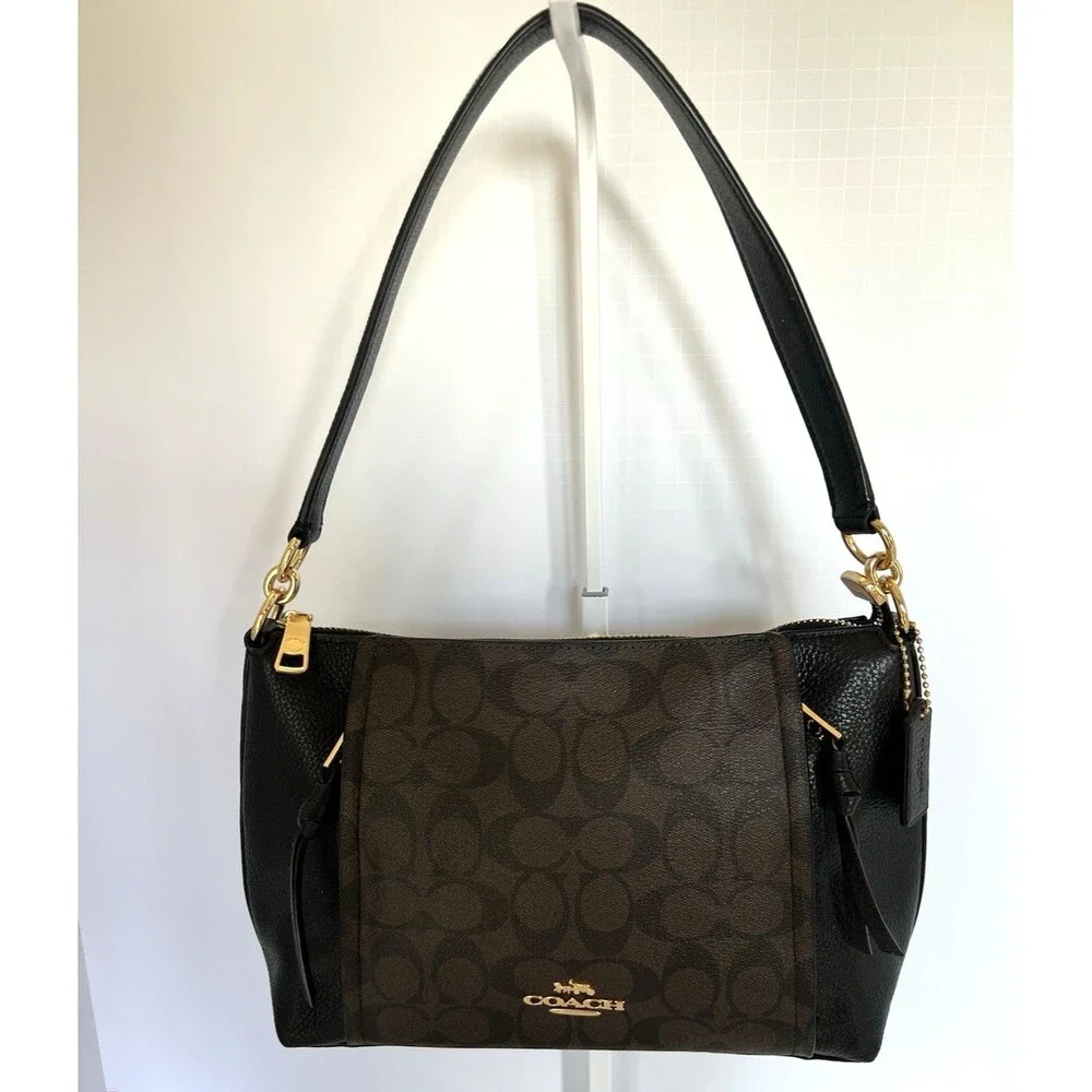 COACH Small Marlon Shoulder Bag in Signature Canvas color Black/Beige 1597